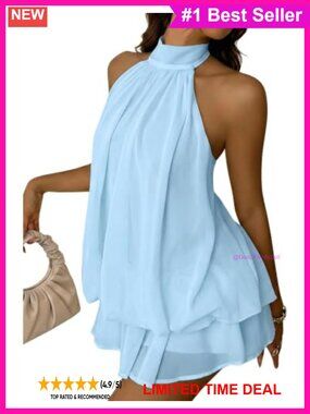 Chiffon Halter Mini Dress Ruffle Drop Waist Backless A-Line